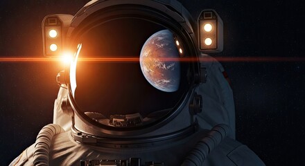 A captivating astronaut portrait with earth reflected in the visor, illuminated by a bright lens flare, set against the vast expanse of space, creating a sense of wonder
