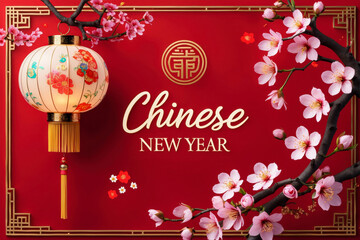 Chinese New Year Greeting Card, Traditional Symbols China Lanterns and Cherry Branches AI Generative