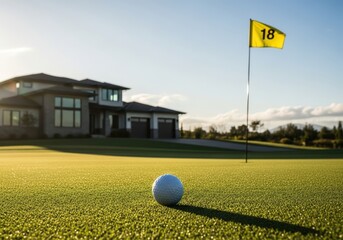Golf ball on the green with house behind flag on sunny day