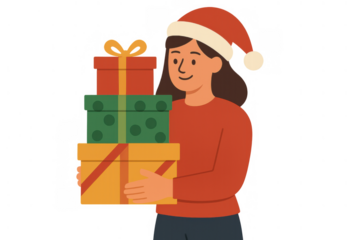 Woman wearing santa hat holding stack of christmas gifts, enjoying holiday shopping, celebration, and festive cheer