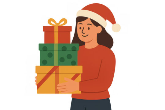 Woman wearing santa hat holding stack of christmas gifts, enjoying holiday shopping, celebration, and festive cheer