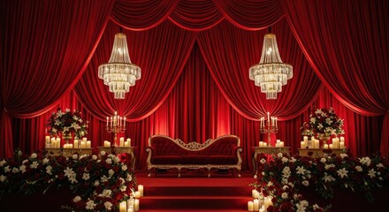 Opulent wedding stage adorned with red velvet drapes, crystal chandeliers, and floral arrangements, creating a romantic and luxurious ambiance for the celebration