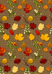 Vibrant autumn leaves and delicate wildflowers artfully arranged on a textured burlap background, perfect for seasonal decor and designs.