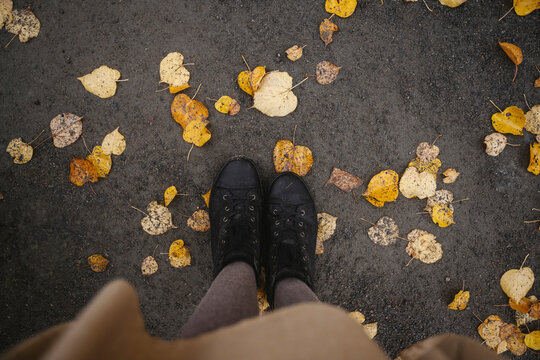 Boots on autumn leaves outdoors with copy space