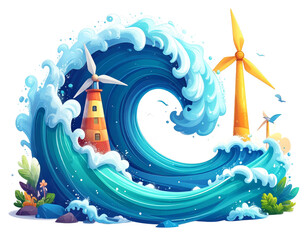 Cartoon Ocean Wave Enveloping Lighthouse And Wind Turbines Against Transparent Background