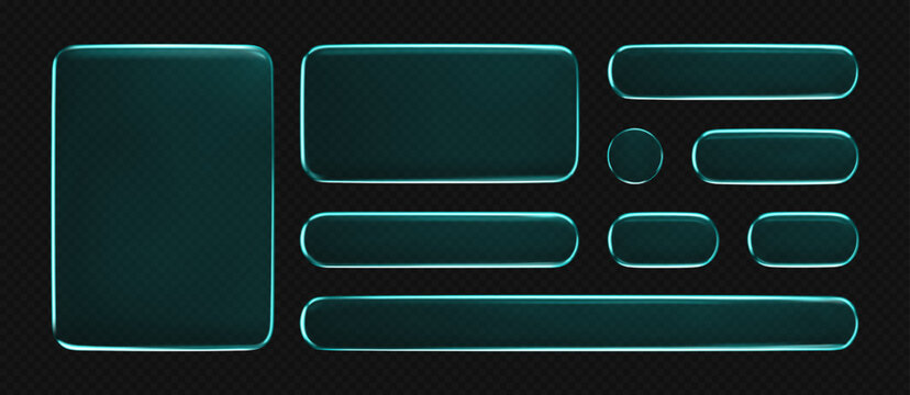 3D green liquid glass buttons with a transparent neon futuristic effect, isolated on dark background. Blue liquid glass frame, UI UX elements for phone app or game interfaces. 3D tech digital vector