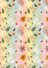 Charming pastel floral pattern with whimsical leaves and acorns, perfect for seasonal decor and charming stationery designs