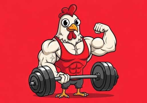 Illustration of rooster flexing muscles and lifting barbell weight