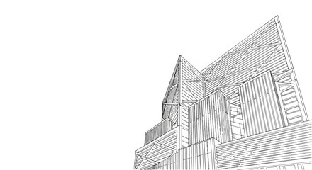 Fototapeta premium Contemporary wooden house architecture vector line art illustration.