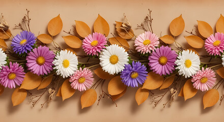 Vibrant floral border with delicate aster blooms and warm autumn leaves evokes a sense of natural beauty and seasonal transition