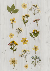 Vibrant pressed flowers and delicate green leaves artfully arranged on a rustic white wood background create a stunning botanical display
