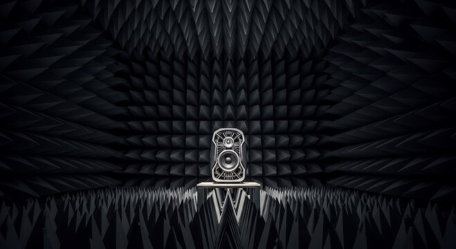 Acoustic testing marvels with an edgy speaker in a professional anechoic chamber, showcasing cutting-edge sound technology and engineering prowess