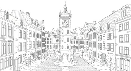 Obraz premium European square with fountain and buildings vector line art illustration.
