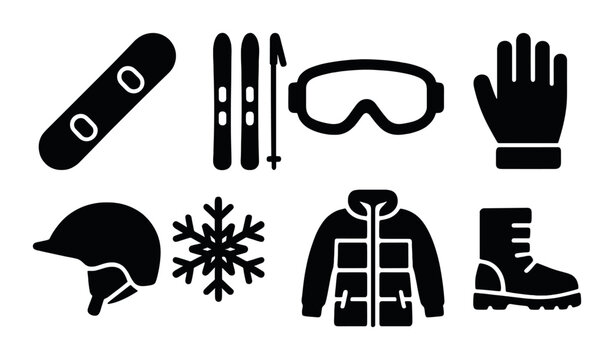Winter sports gear icons: goggles, snowboard, ski poles, gloves, helmet, jacket, boots