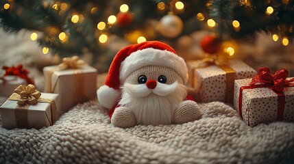 A photographic image of a cube-shaped Santa plush with round black button eyes and fluffy white beard,