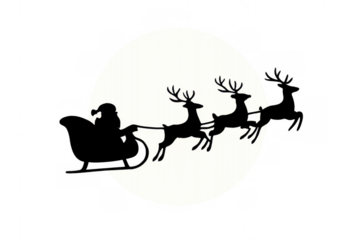 Santa claus flying sleigh and reindeer silhouette against full moon, transparent background, christmas holiday concept