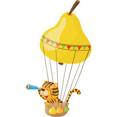 Whimsical Tiger Cub Rides in Hot Air Balloon Shaped Like a Pear with Bunting and Spyglass Transparent Background
