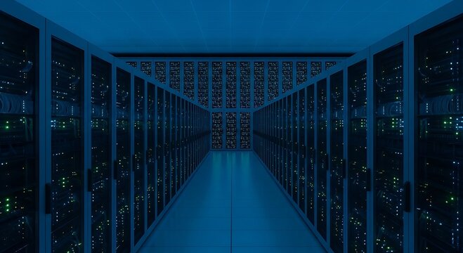 Data center servers hum with power in cool blue light, promising secure data storage and reliable cloud computing solutions for global businesses