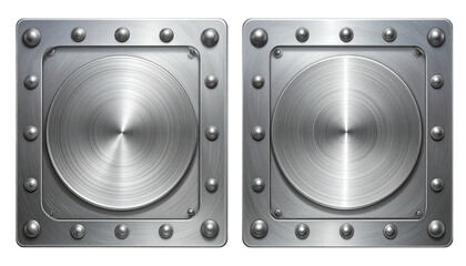 Two textured metal plates with rivets on the outer frame