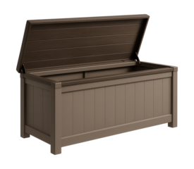 A sturdy plastic storage bench for outdoor use, offering seating and concealed tool