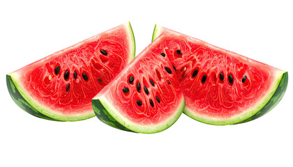 Three ripe watermelon slices showing seeds and red flesh