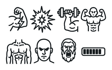 Set of 8 fitness and strength icons featuring muscles and weights
