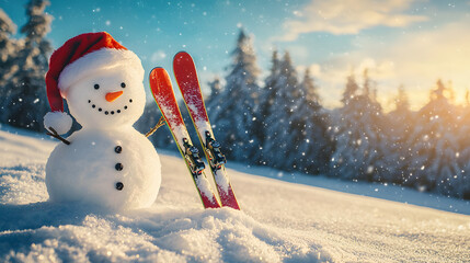 A cute snowman in a snowy meadow next to skis against the backdrop of a snowy forest and sunny sky