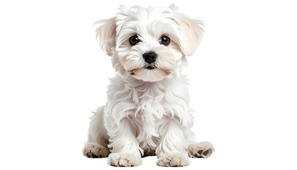 Fluffy white puppy sitting, looking forward, black background