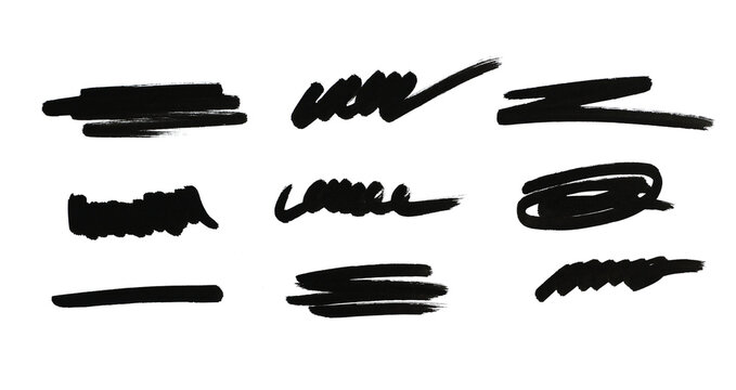 Marker lines isolated on transparent background. Set of different doodle underlines, rough round shapes. Hand drawn marker stripes. Scrawl texture underline effect