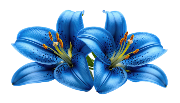 Two blue lily blossoms with speckled petals against black ground - Powered by Adobe