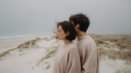 海辺の砂浜に立つ一組の男女のカップルを捉えています。二人は淡い色のニットやパンツを着用し、女性が男性に寄り添っている。少し曇りがかり、風が吹いている穏やかな雰囲気の中で、愛情や安心感といった感情が伝わるロマンチックな画像
