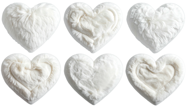 Six fluffy white hearts arranged in two rows
