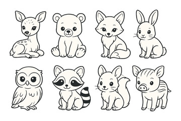 Cute cartoon woodland animals: deer, bear, fox, rabbit, owl, raccoon, squirrel, boar