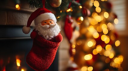 A photographic image of a small cube-shaped Santa plush inside a red Christmas stocking hanging by a fireplace. Background with decorated mantel, festive garlands, and glowing fairy lights.