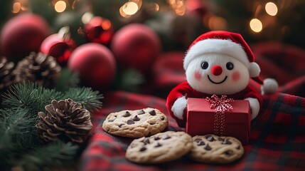 A photographic image of a small cube-shaped Santa plush with button eyes, holding a red gift box, sitting beside chocolate chip cookies on a holiday table covered with a red plaid cloth.