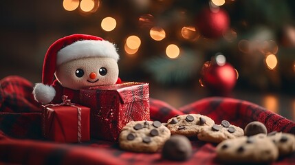 A photographic image of a small cube-shaped Santa plush with button eyes, holding a red gift box, sitting beside chocolate chip cookies on a holiday table covered with a red plaid cloth.