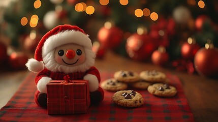 A photographic image of a small cube-shaped Santa plush with button eyes, holding a red gift box, sitting beside chocolate chip cookies on a holiday table covered with a red plaid cloth.