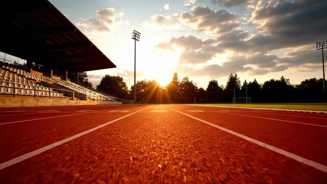 Sunny track at sports stadium. Empty bleachers highlight vibrant running lanes. Evening light creates warm atmosphere for outdoor activities. Ideal setting for athletic events.
