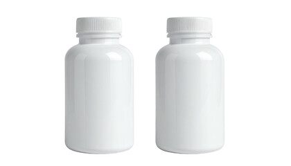 Two white plastic pill bottles with white caps, isolated