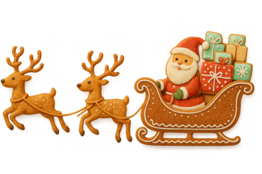 Gingerbread santa claus flying in sleigh full of presents with two reindeer on a transparent background, winter holiday sweets