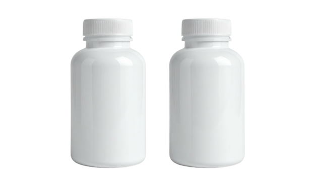 Two white plastic pill bottles with white caps, isolated