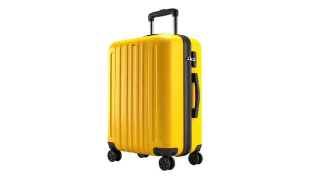 Bright yellow ribbed suitcase with handle and wheels on black