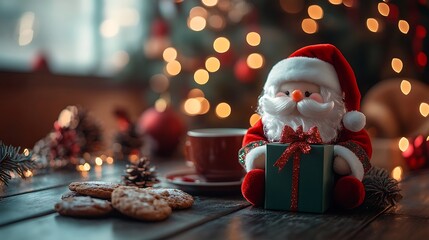 A photographic image of a small cube-shaped Santa plush, holding a miniature green gift box with a red bow, placed on a wooden table next to Christmas cookies and hot cocoa.