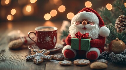 A photographic image of a small cube-shaped Santa plush, holding a miniature green gift box with a red bow, placed on a wooden table next to Christmas cookies and hot cocoa.
