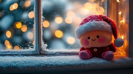 A photographic image of a small cube-shaped Santa plush with rosy cheeks and fluffy red hat, resting on a snowy windowsill inside a cozy cottage.