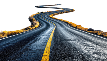 Winding road with yellow line stretches into the distance