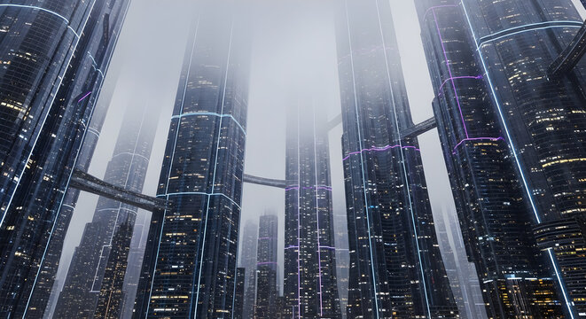 A futuristic cityscape featuring tall, dark skyscrapers connected by bridges under a foggy sky view