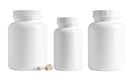 Three white bottles with loose capsules at bottom of image