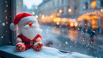 A photographic image of a tiny cube-shaped Santa plush with fluffy beard and red hat, sitting on a snow-covered windowsill overlooking a frosty town square.