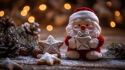 A photographic image of a cube-shaped Santa plush holding a tiny silver gift box with a sparkling ribbon,